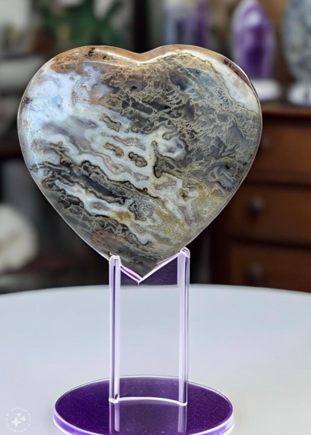 Polished Crystal 4.5 inch Amethyst Heart on a Metal Stand