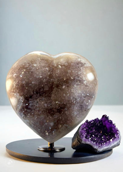 Polished Crystal 4.5 inch Amethyst Heart on a Metal Stand