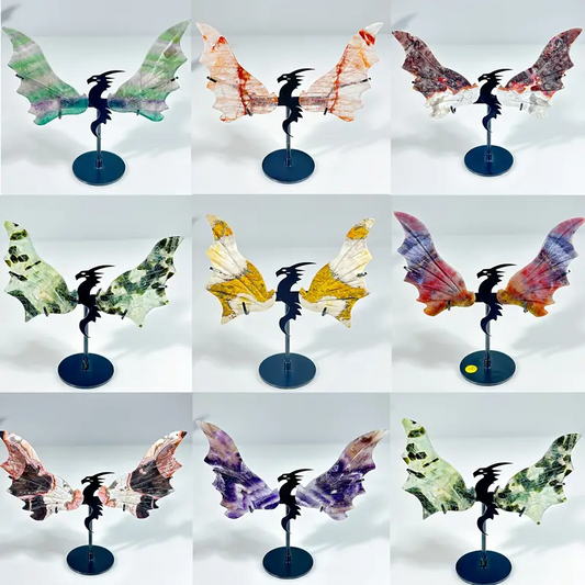 7.1 Inches Wide - 5.7 Inches Tall Brazilian Fluorite Dragonfly Wings with Stand