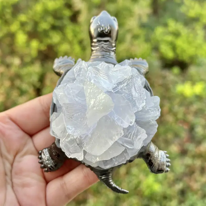 4.6 Inches Genuine Brazilian Clear Quartz Teeth Flower Handmade Turtle