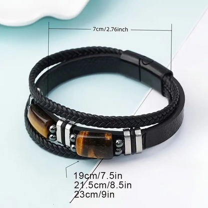 8.5 inch Men's Multi-Layer Woven Wristband with Natural Tiger Eye Stone Inlay