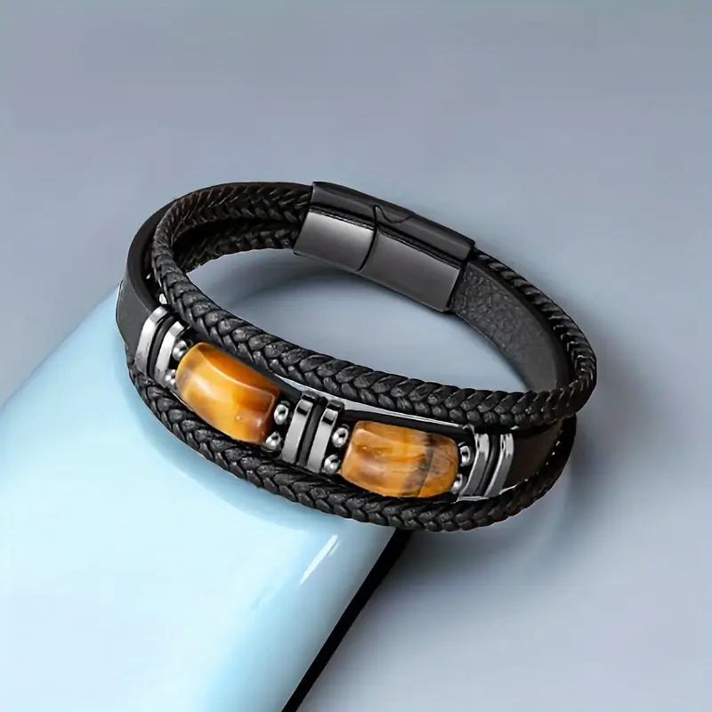 8.5 inch Men's Multi-Layer Woven Wristband with Natural Tiger Eye Stone Inlay