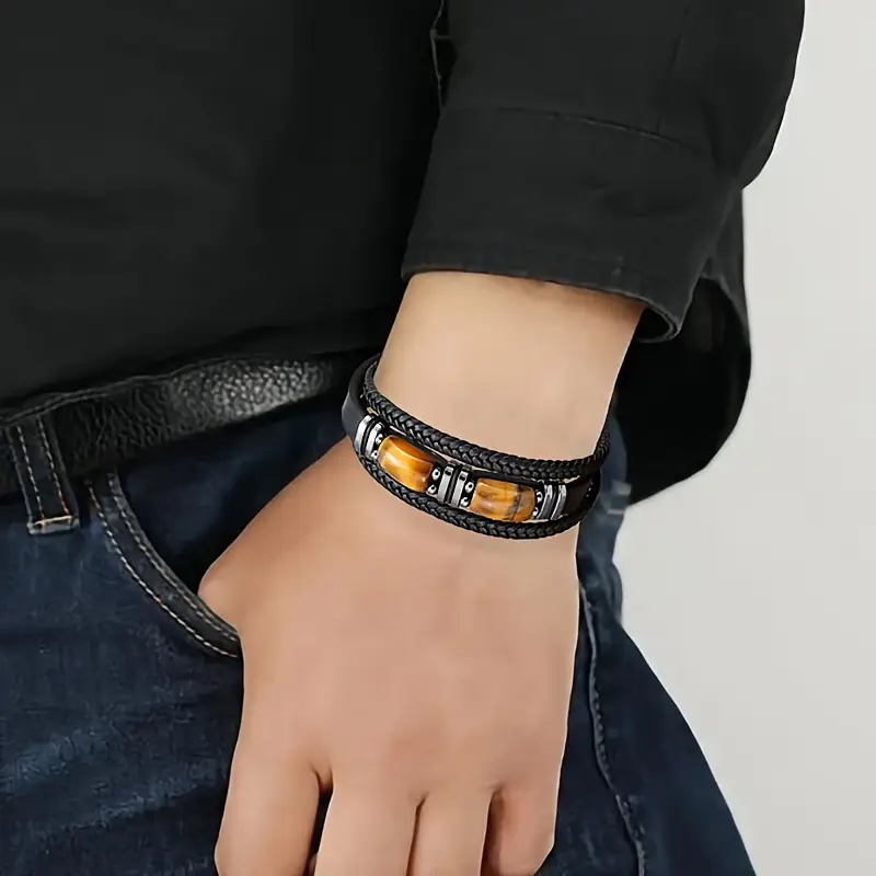 8.5 inch Men's Multi-Layer Woven Wristband with Natural Tiger Eye Stone Inlay