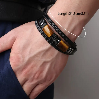 8.5 inch Men's Multi-Layer Woven Wristband with Natural Tiger Eye Stone Inlay