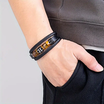 8.5 inch Men's Multi-Layer Woven Wristband with Natural Tiger Eye Stone Inlay