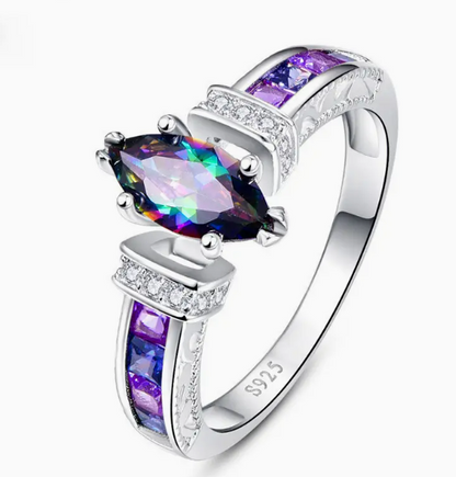 Elegant 925 Sterling Silvery Ring with Colorful Oval