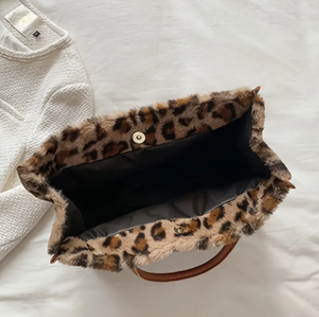 Chic Leopard Print Plush Tote Bag for Women