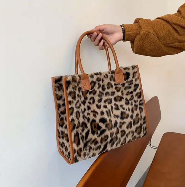 Chic Leopard Print Plush Tote Bag for Women