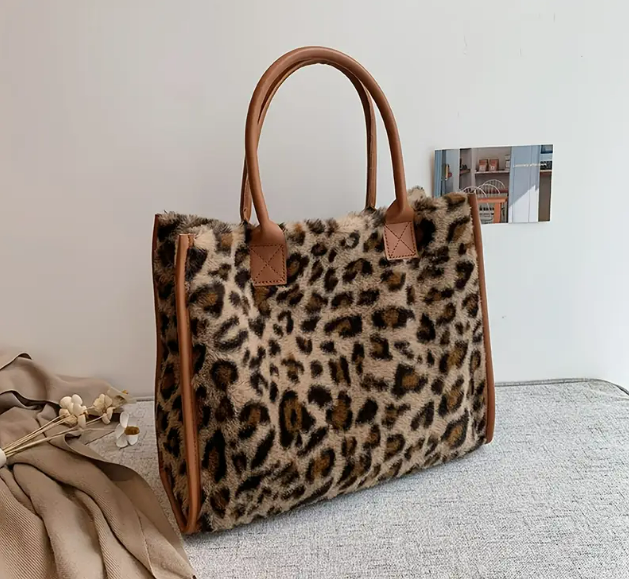 Chic Leopard Print Plush Tote Bag for Women