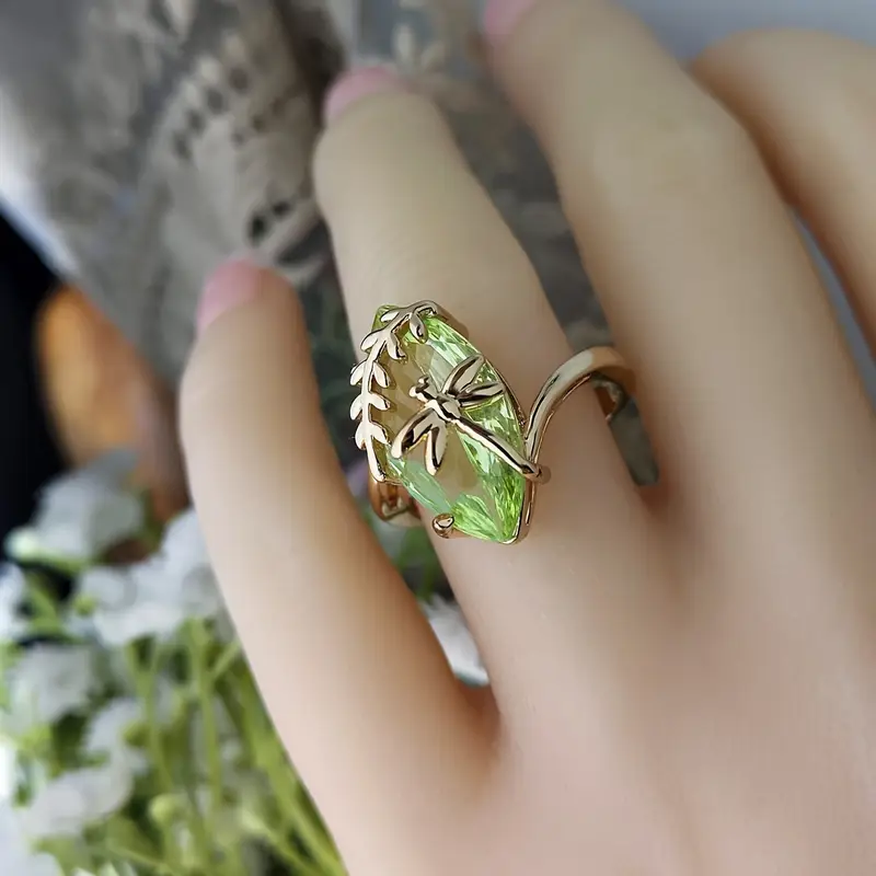 Elegant Green Amethyst Dragonfly Ring - Crystal Zirconia