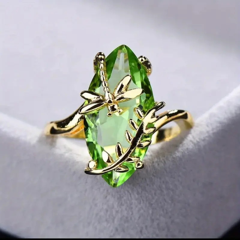 Elegant Green Amethyst Dragonfly Ring - Crystal Zirconia