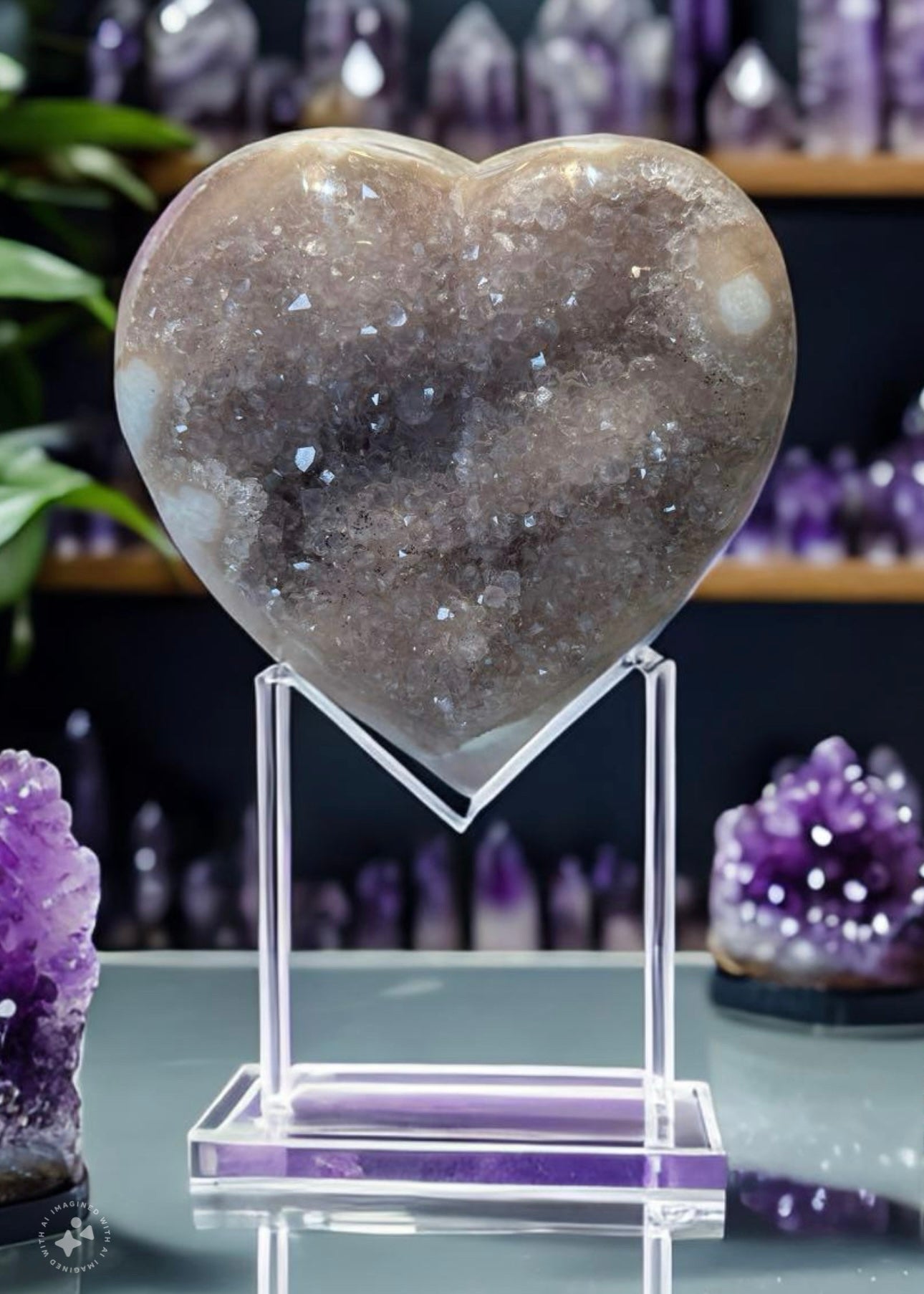 Polished Crystal 4.5 inch Amethyst Heart on a Metal Stand