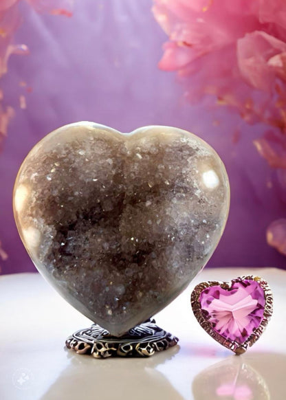 Polished Crystal 4.5 inch Amethyst Heart on a Metal Stand