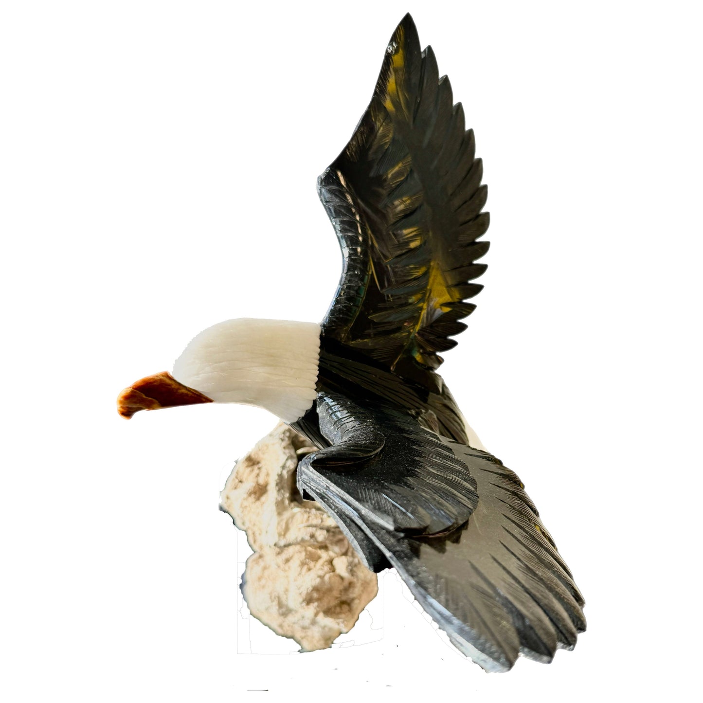 15 inch white and black Marble american Eagle crystal setting on Mica-Pegmatite Matrix with Orange Jasper beak