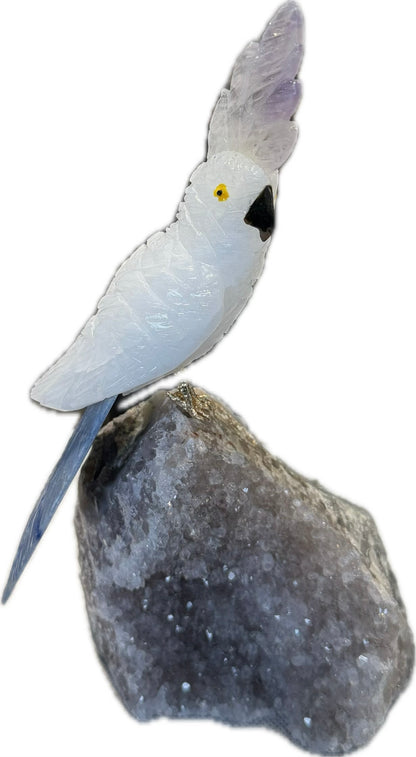 7 Inch Clear Quartz Sulphur-Crested Cockatoo Parrot on Amethyst Base