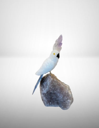 7 Inch Clear Quartz Sulphur-Crested Cockatoo Parrot on Amethyst Base