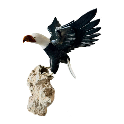 15 inch white and black Marble american Eagle crystal setting on Mica-Pegmatite Matrix with Orange Jasper beak