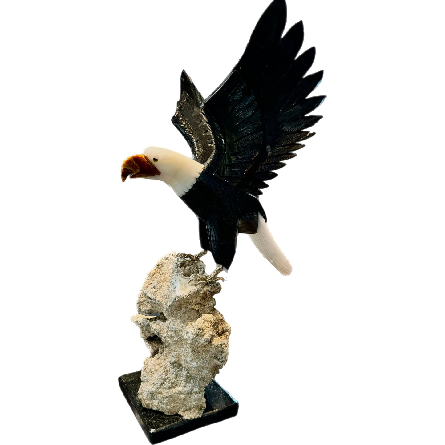 15 inch white and black Marble american Eagle crystal setting on Mica-Pegmatite Matrix with Orange Jasper beak