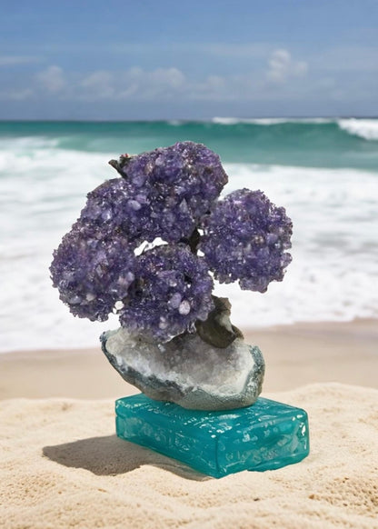 7.5 Inch Genuine Amethyst Tree (Clustered Gemstone Trees with faux bonsai tree trunk on Matrix)