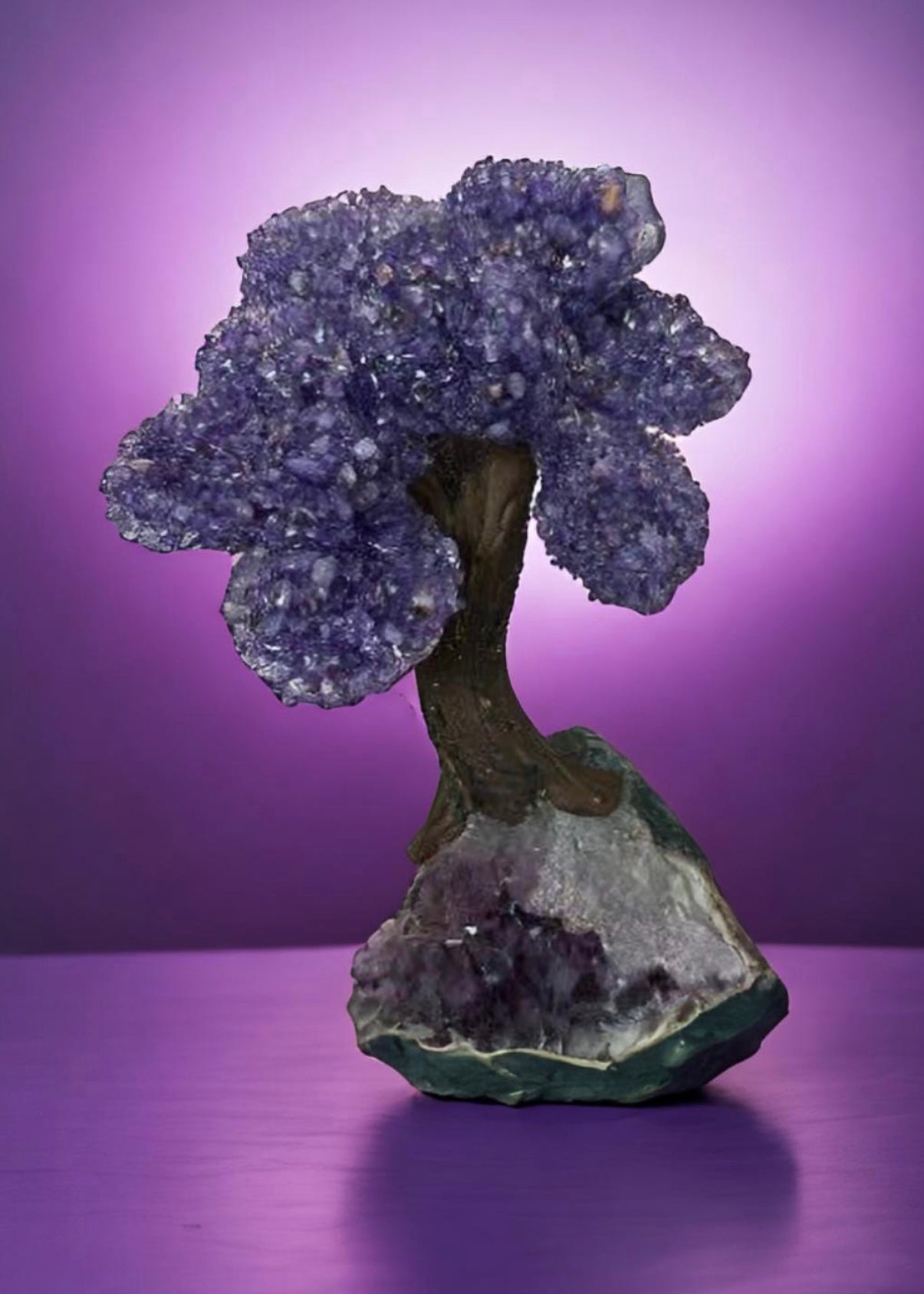 9.5 Inch Genuine Amethyst Tree (Clustered Gemstone Trees with faux bonsai tree trunk on Matrix)