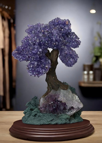 9.5 Inch Genuine Amethyst Tree (Clustered Gemstone Trees with faux bonsai tree trunk on Matrix)