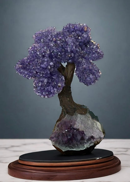 9.5 Inch Genuine Amethyst Tree (Clustered Gemstone Trees with faux bonsai tree trunk on Matrix)