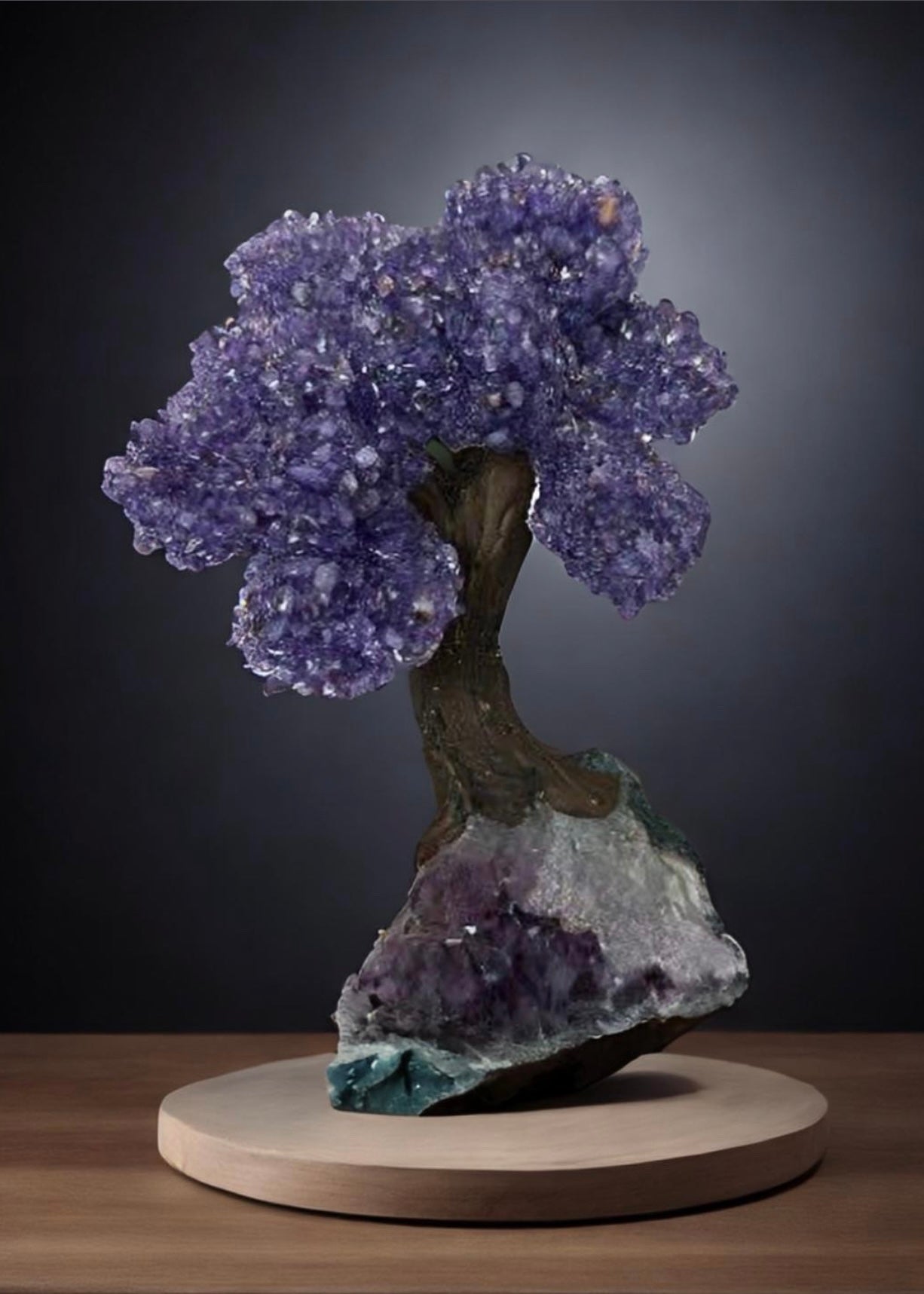 9.5 Inch Genuine Amethyst Tree (Clustered Gemstone Trees with faux bonsai tree trunk on Matrix)