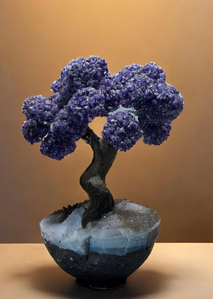 12.5 Inch Genuine Amethyst Tree (Clustered Gemstone Trees with faux bonsai tree trunk on Matrix)