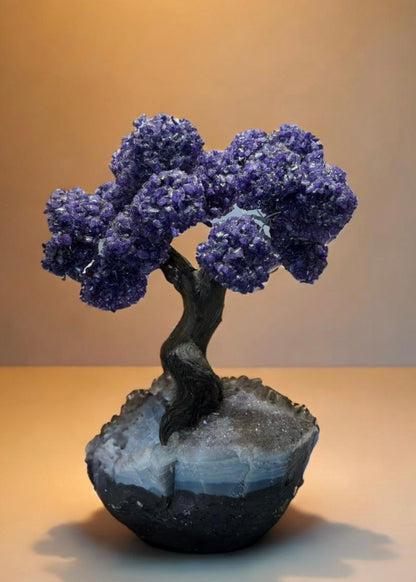 12.5 Inch Genuine Amethyst Tree (Clustered Gemstone Trees with faux bonsai tree trunk on Matrix)