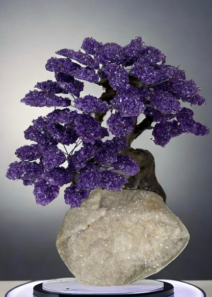 17.5 Inch Genuine Amethyst Tree (Clustered Gemstone Trees with faux bonsai tree trunk on Matrix)