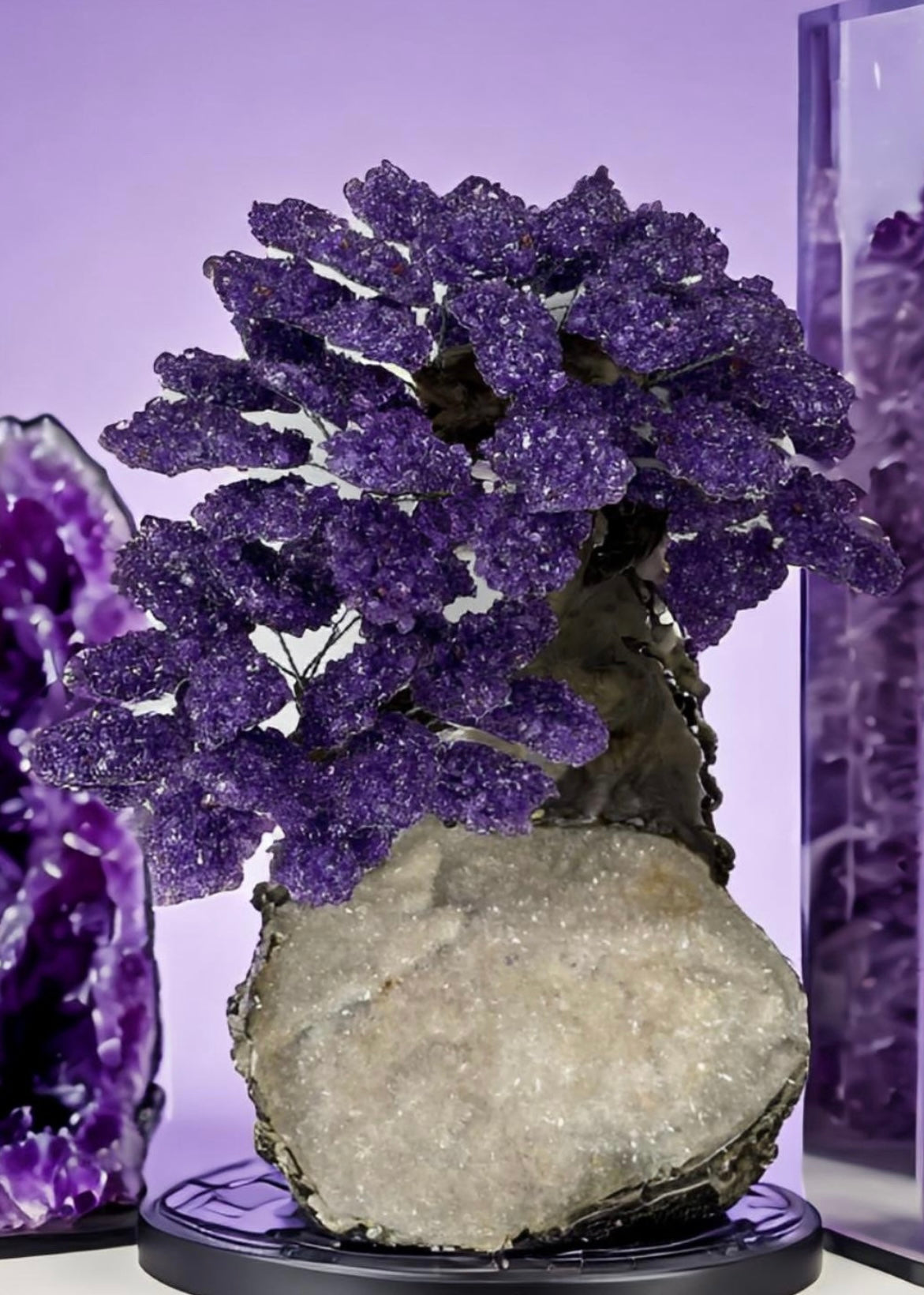 17.5 Inch Genuine Amethyst Tree (Clustered Gemstone Trees with faux bonsai tree trunk on Matrix)