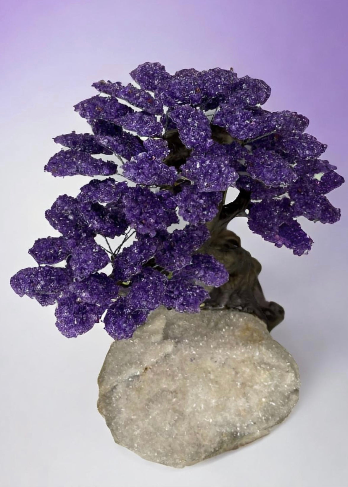 17.5 Inch Genuine Amethyst Tree (Clustered Gemstone Trees with faux bonsai tree trunk on Matrix)