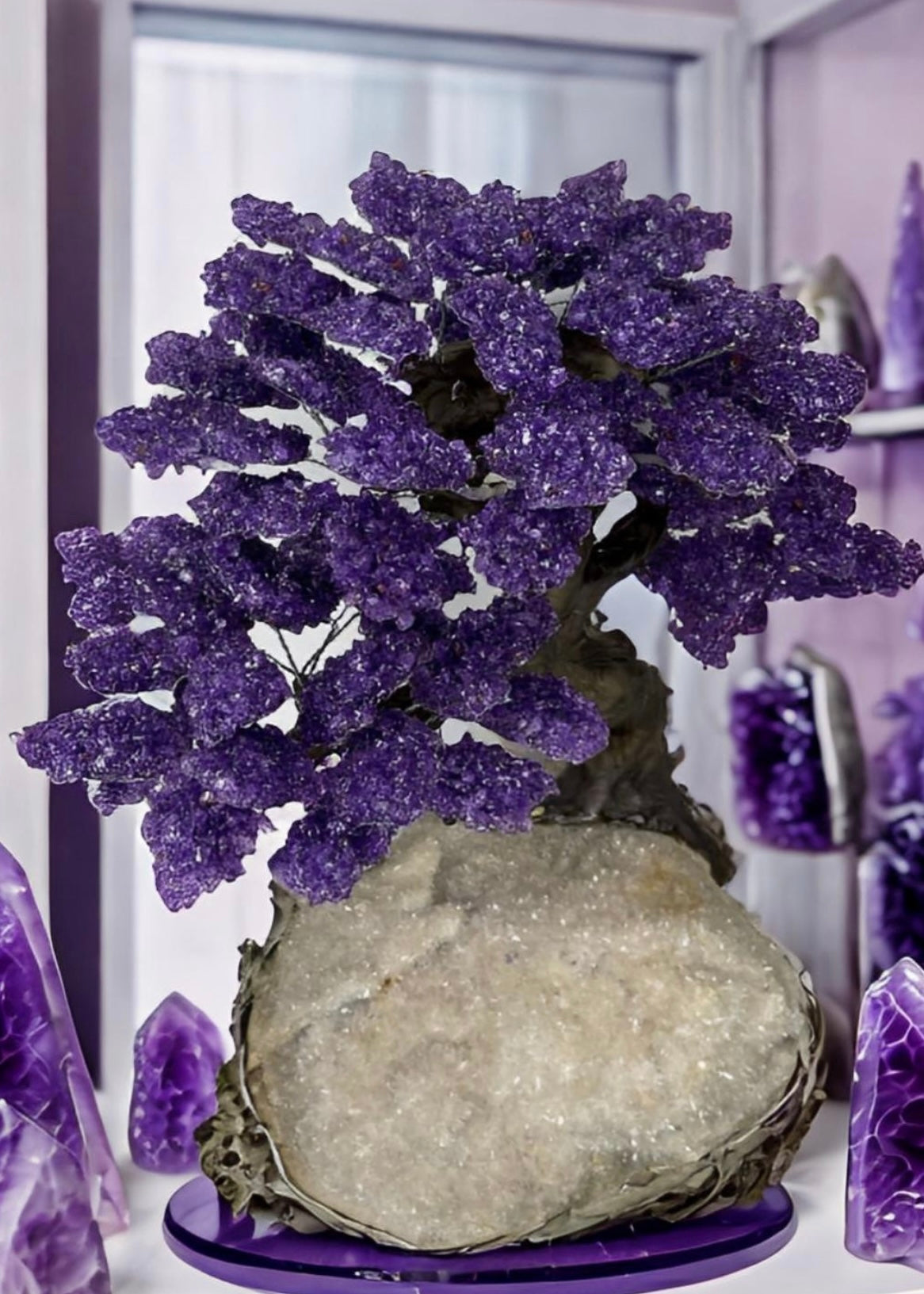 17.5 Inch Genuine Amethyst Tree (Clustered Gemstone Trees with faux bonsai tree trunk on Matrix)