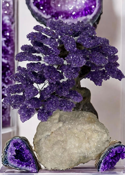 17.5 Inch Genuine Amethyst Tree (Clustered Gemstone Trees with faux bonsai tree trunk on Matrix)