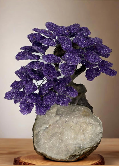 17.5 Inch Genuine Amethyst Tree (Clustered Gemstone Trees with faux bonsai tree trunk on Matrix)