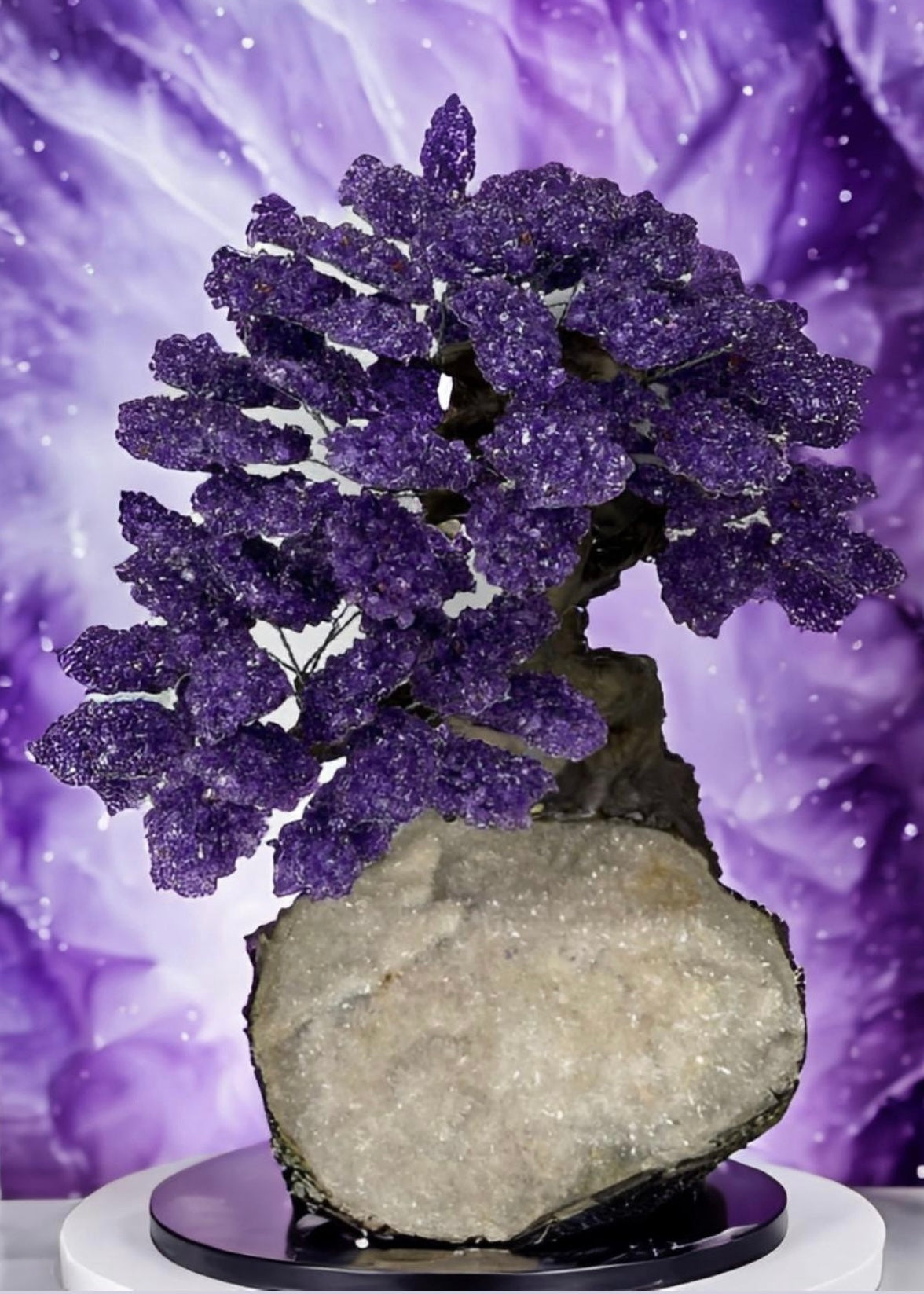 17.5 Inch Genuine Amethyst Tree (Clustered Gemstone Trees with faux bonsai tree trunk on Matrix)