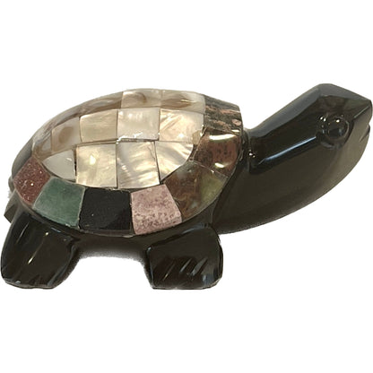 3 1/2 Inches Hand Carved Vintage Black Obsidian Abalone Mother of Pearl Shell Turtle