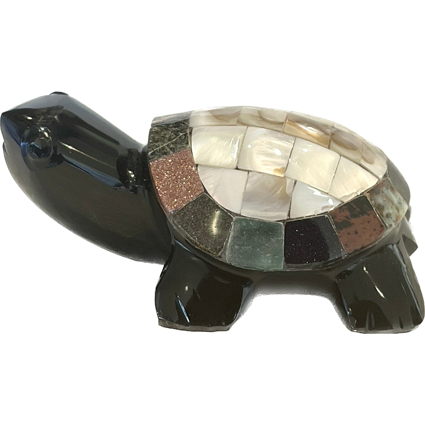 3 1/2 Inches Hand Carved Vintage Black Obsidian Abalone Mother of Pearl Shell Turtle