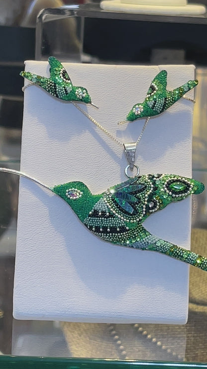 Sterling Silver Hummingbird Green Czechoslovakian Crystals Handmade Set