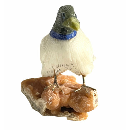 3 Inch American Robin made of Milky Quartz on peach stilbite zeolite crystal base