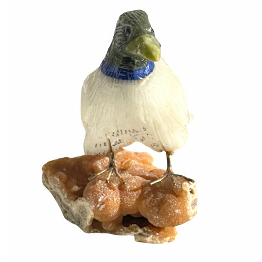 3 Inch American Robin made of Milky Quartz on peach stilbite zeolite crystal base