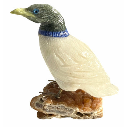 3 Inch American Robin made of Milky Quartz on peach stilbite zeolite crystal base