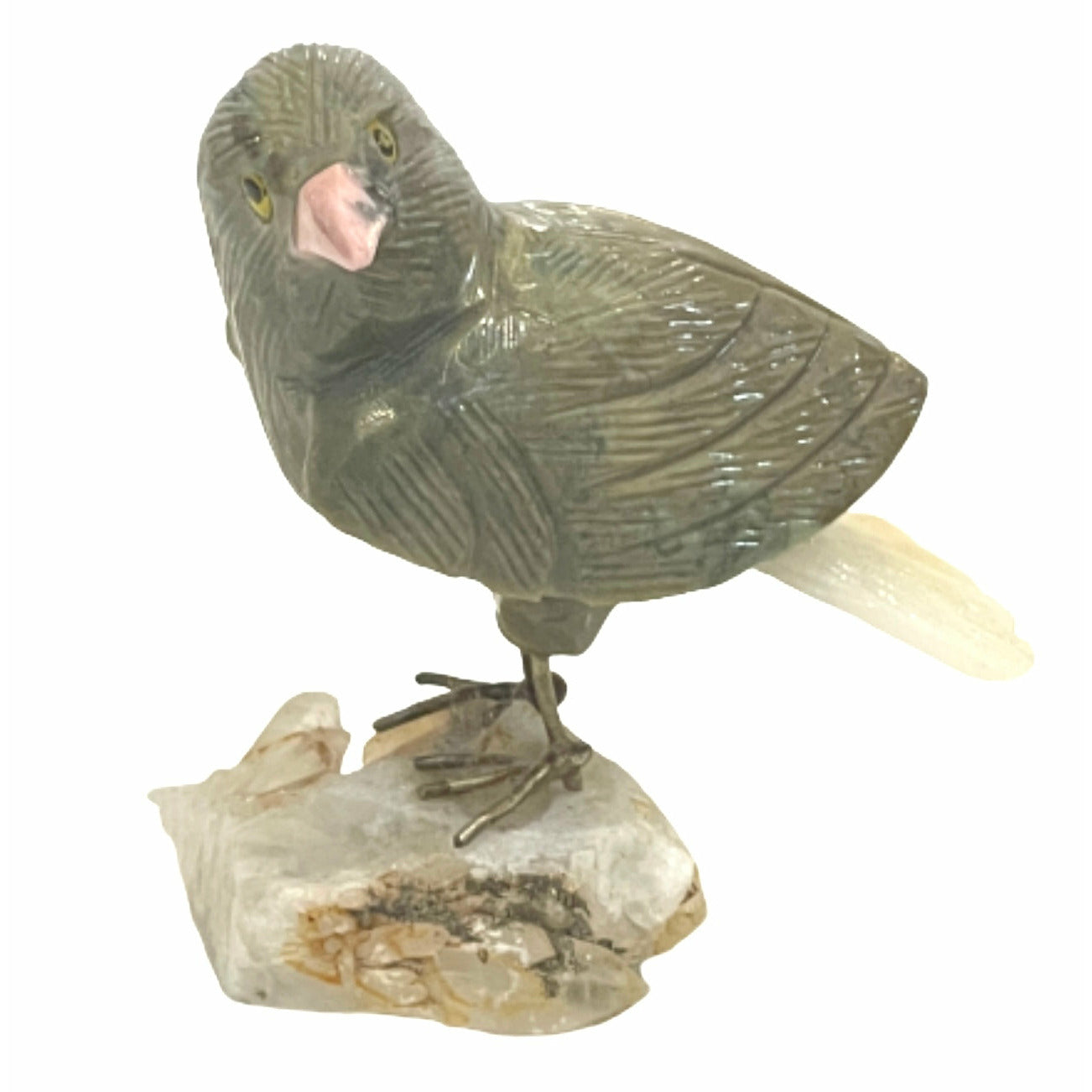 3 Inch Atlantic Canary made of Green Jasper on Quartz crystal base