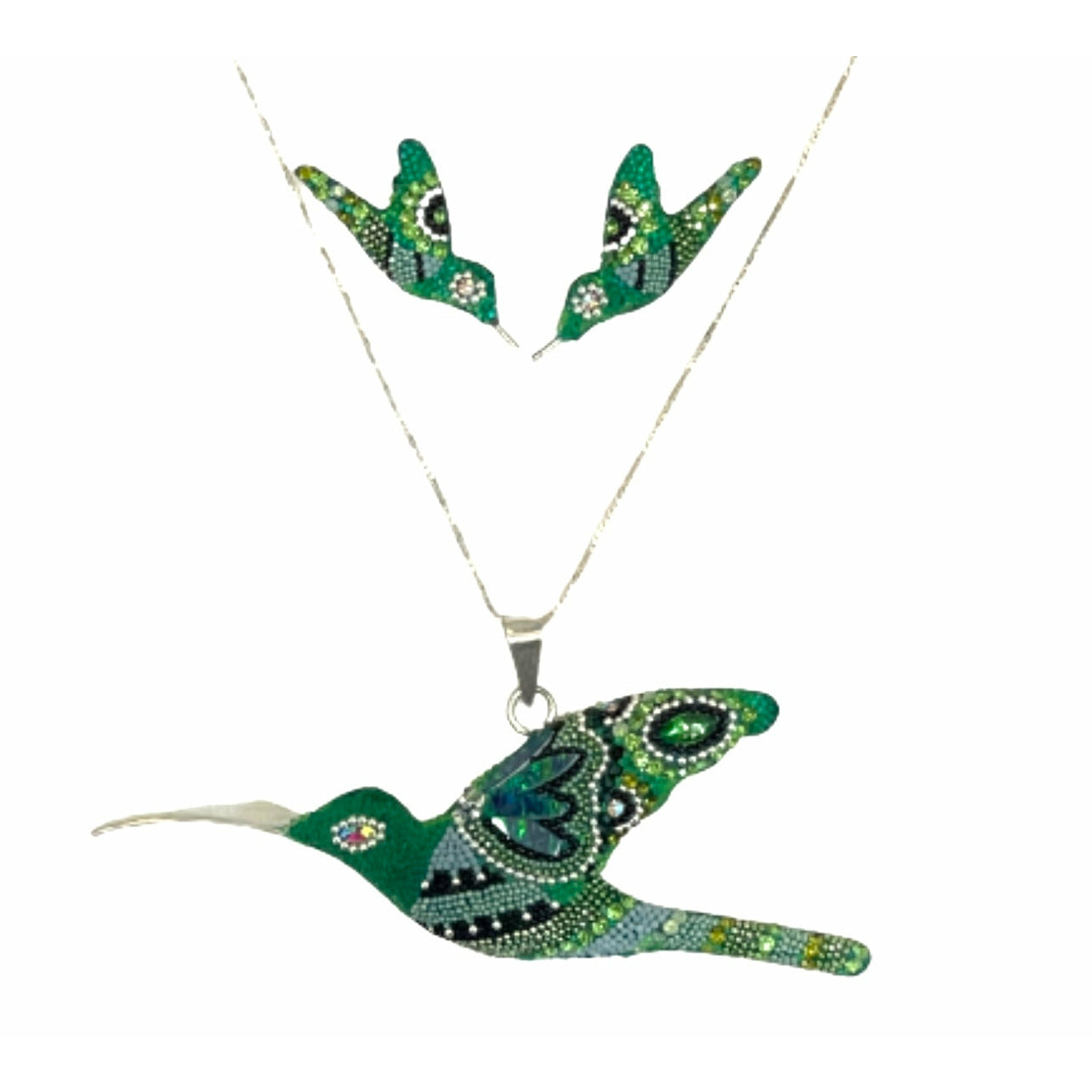 Sterling Silver Hummingbird Green Czechoslovakian Crystals Handmade Set