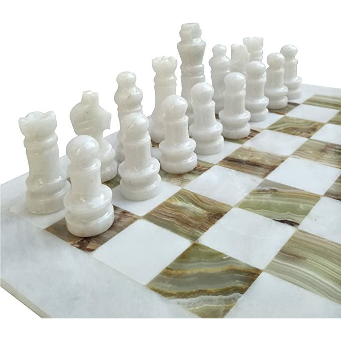 12 Inch White and Massive Green Onyx High-Quality Marble Chess Set