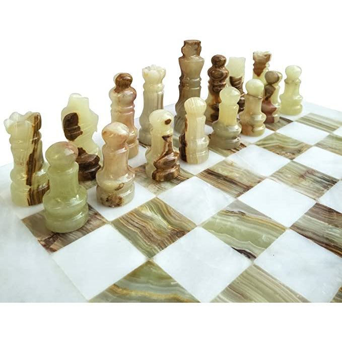 12 Inch White and Massive Green Onyx High-Quality Marble Chess Set